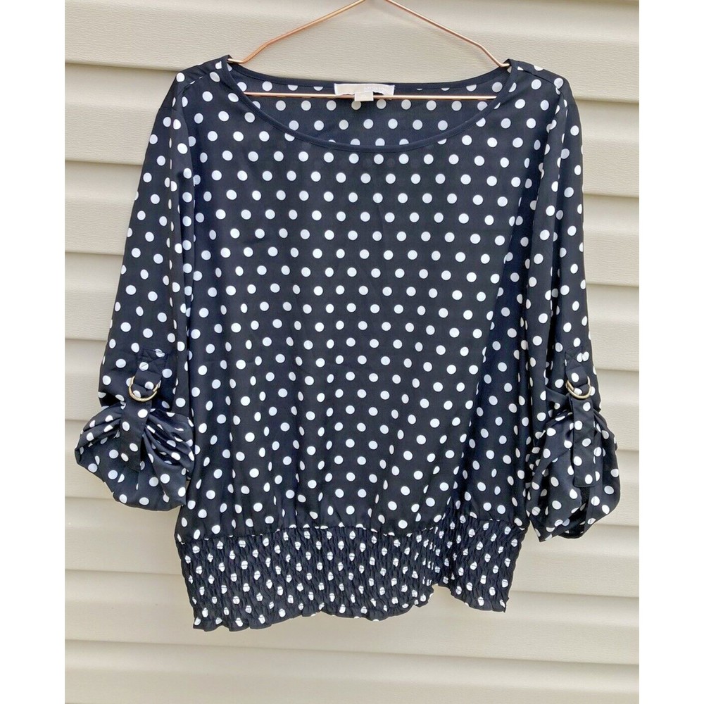 Michael Kors Womens Blouse Size XL Polka Dot Black White Roll Tab Sleeve